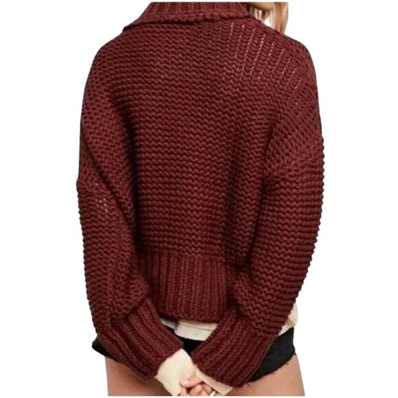 Free People My Only Sunshine Cowl Neck Sweater Chunky Knit Maroon Size M - Picture 4 of 9